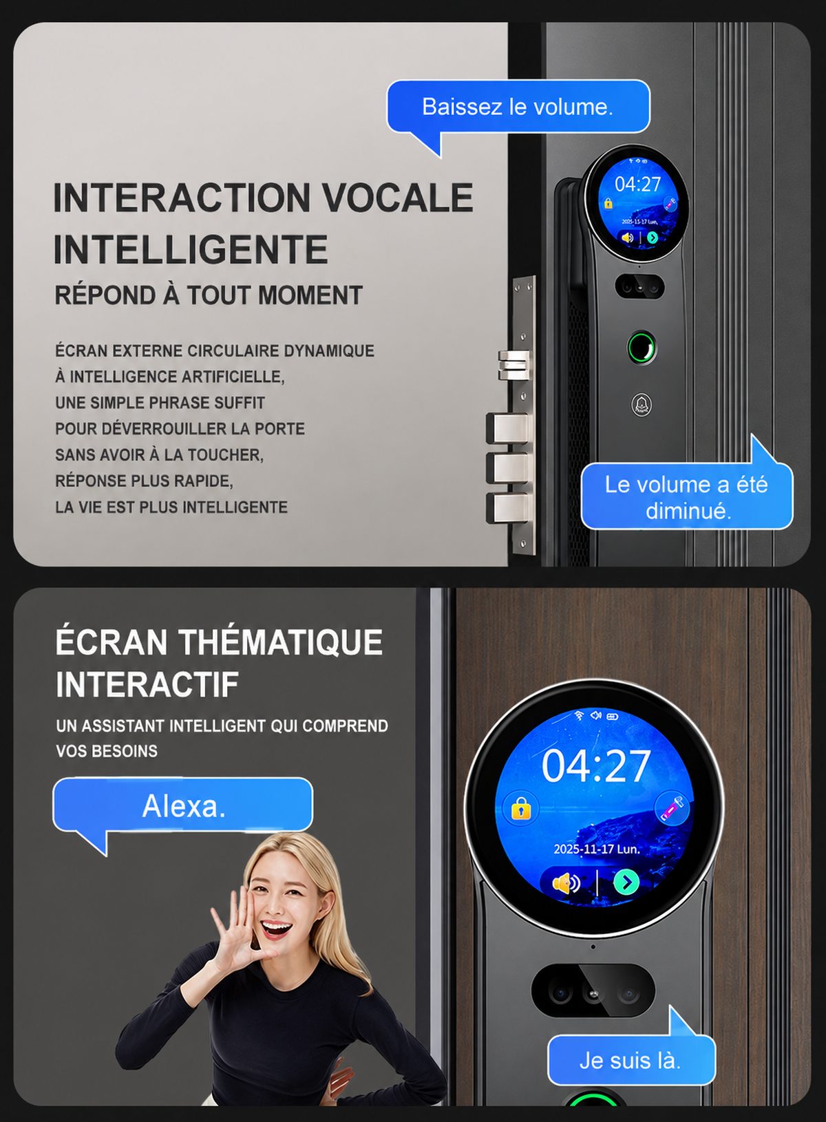 Interaction vocale intelligente et écran thématique interactif de la serrure IHOMEY Eyra AI Pro — Serrure intelligente premium 